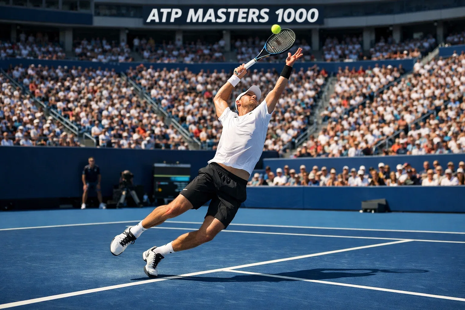 Professioneller Tennisspieler serviert auf einem Masters-Turnier vor vollem Stadion