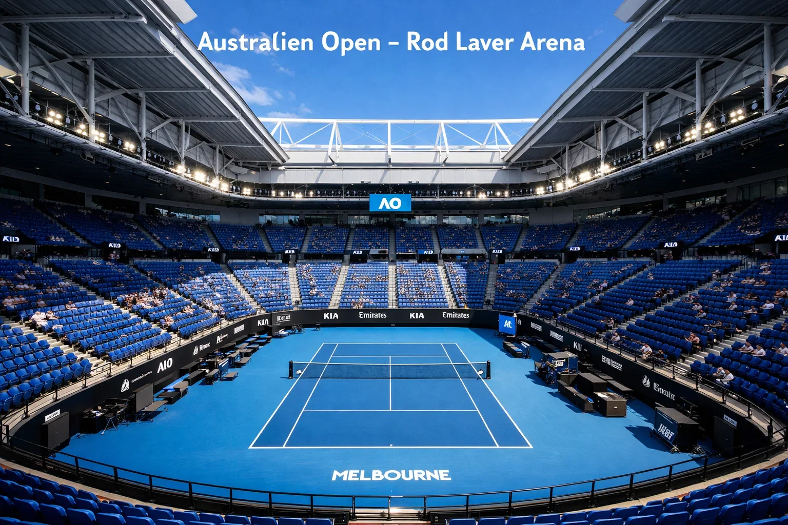 Tennisplatz der Australian Open mit blauem Hartplatz und Stadion bei strahlendem Sonnenschein