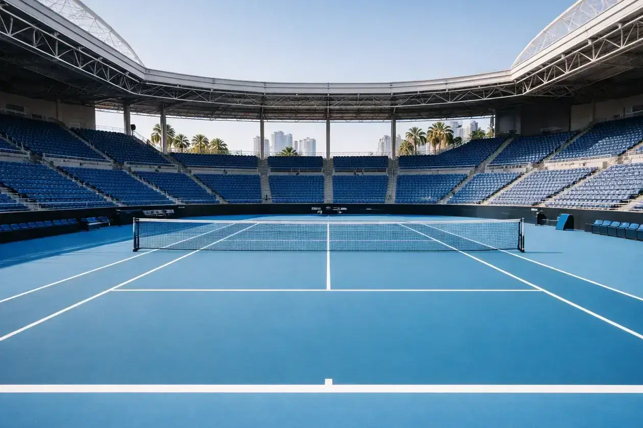 Rod Laver Arena in Melbourne mit blauem Hartplatz unter strahlend blauem Himmel