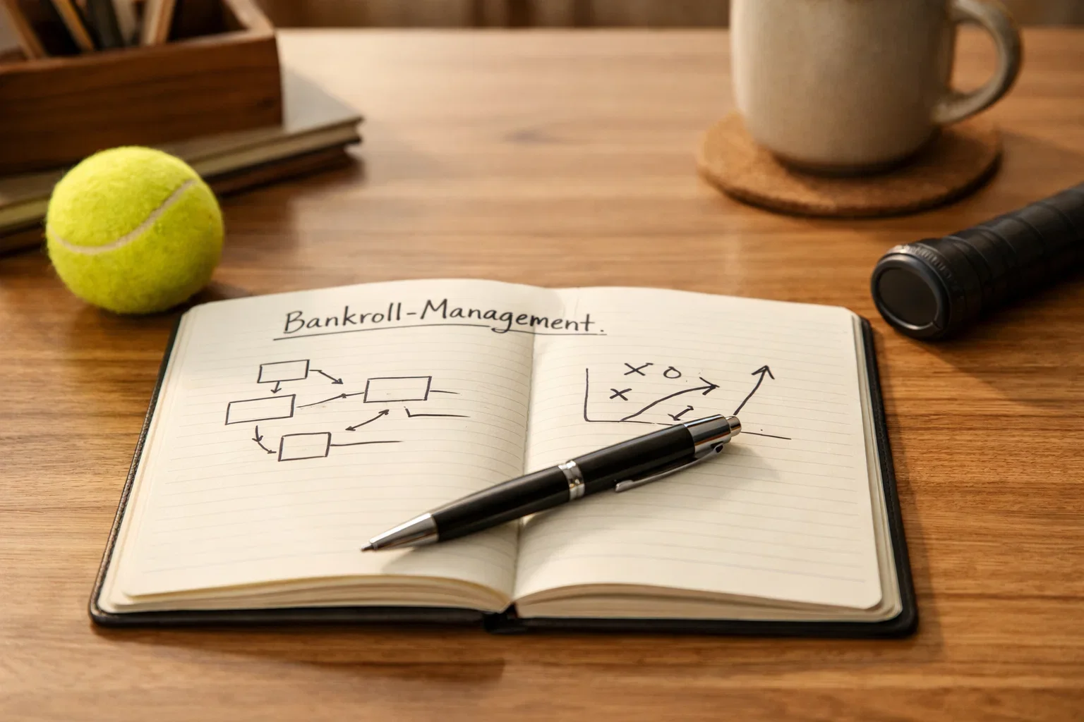 Notizbuch mit Stift und Tennis-Equipment auf einem Schreibtisch zur Wettplanung