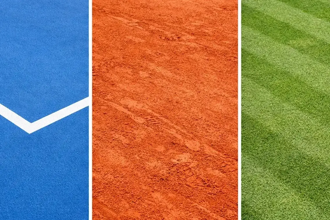 Dreiteilige Darstellung von Tennis-Belägen: Hartplatz Sand und Rasen nebeneinander
