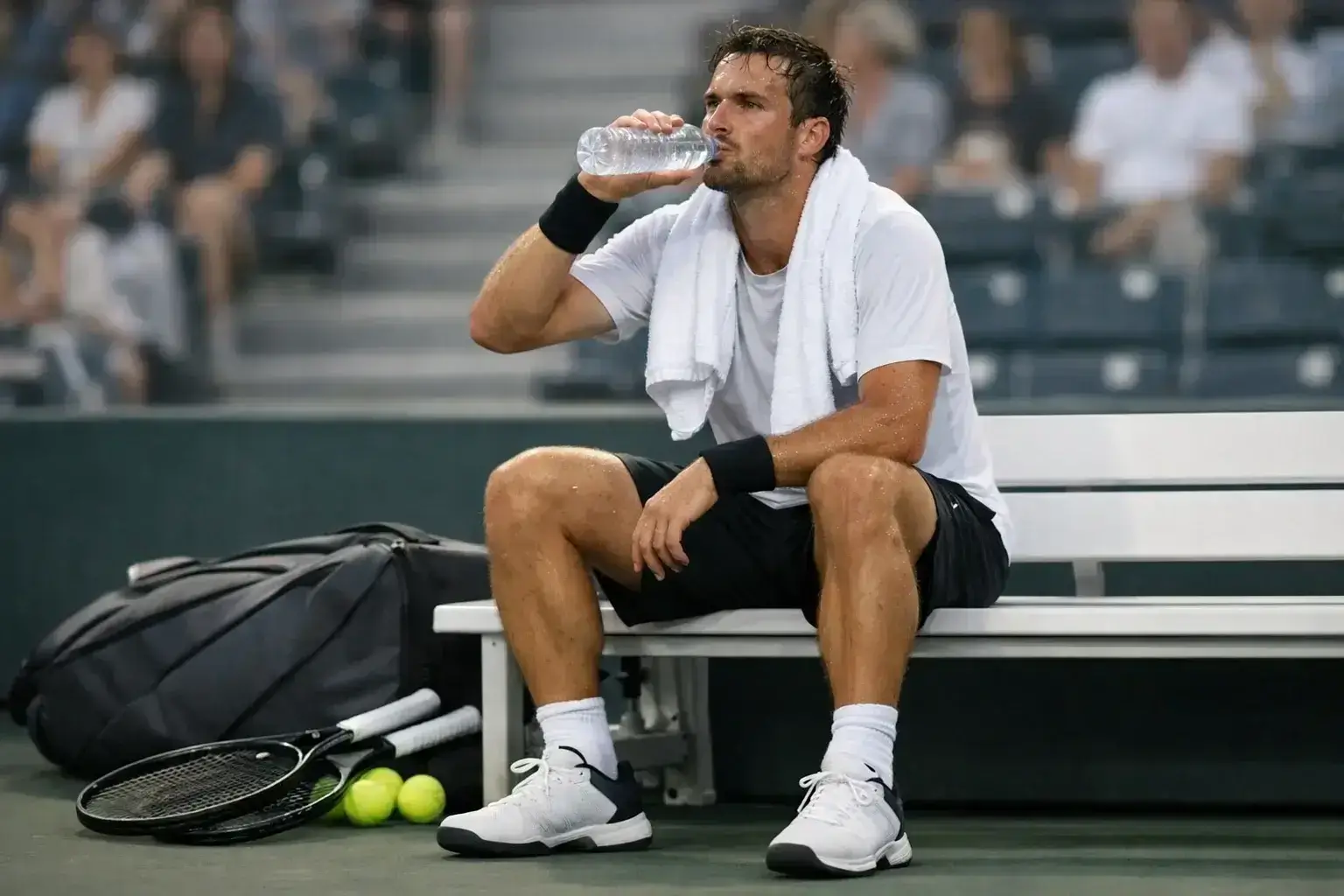 Erschöpfter Tennisspieler trinkt Wasser während einer Pause im fünften Satz