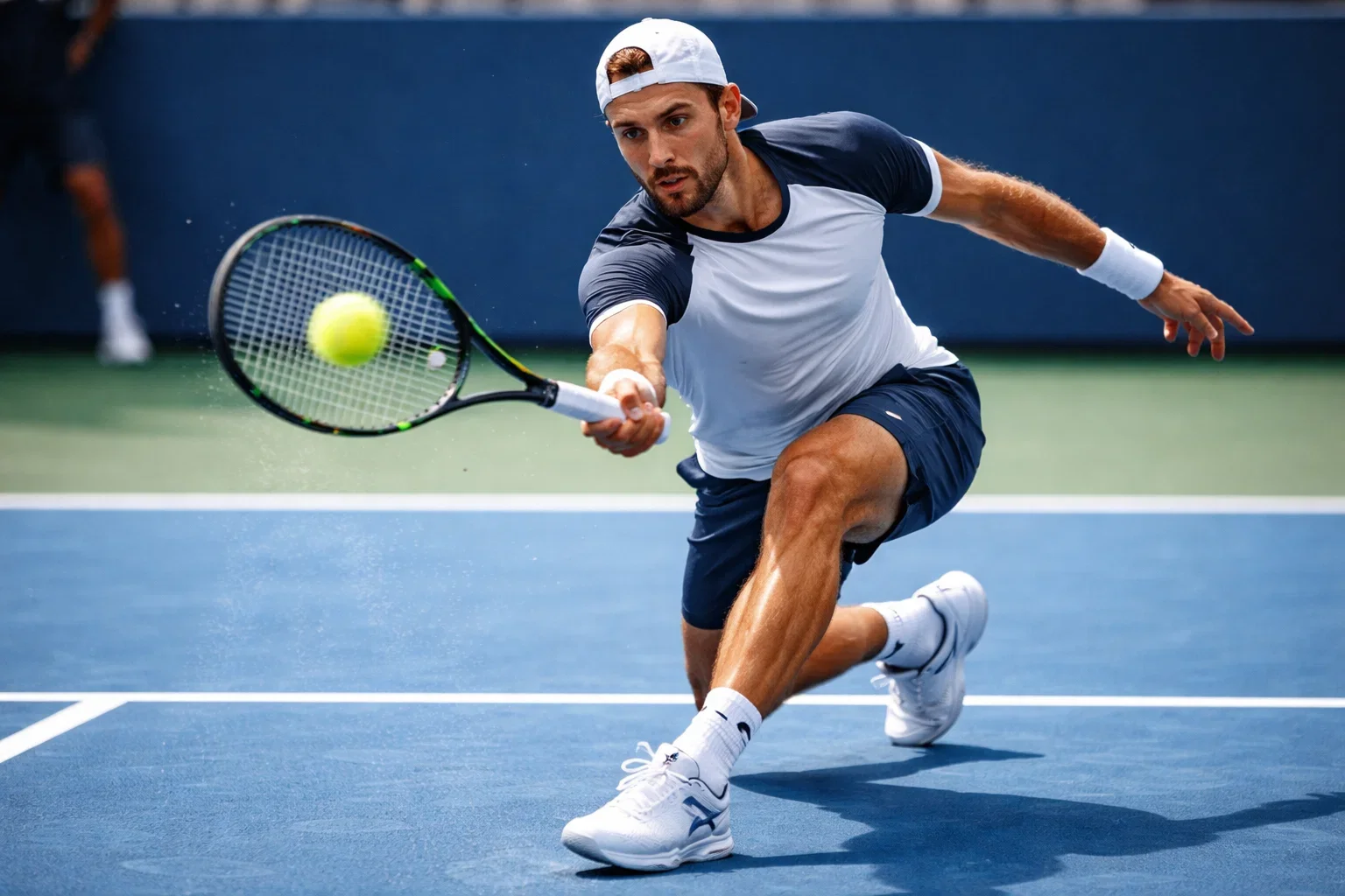 Tennisspieler schlägt einen kraftvollen Return auf einem Hartplatz während eines Breaks