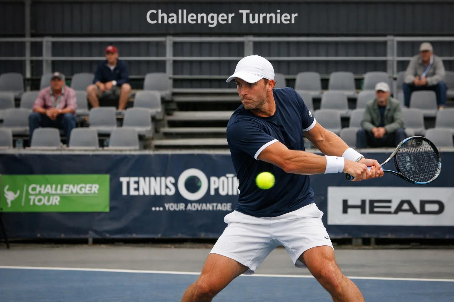 Tennisspieler bei einem kleinen Challenger-Turnier mit wenigen Zuschauern