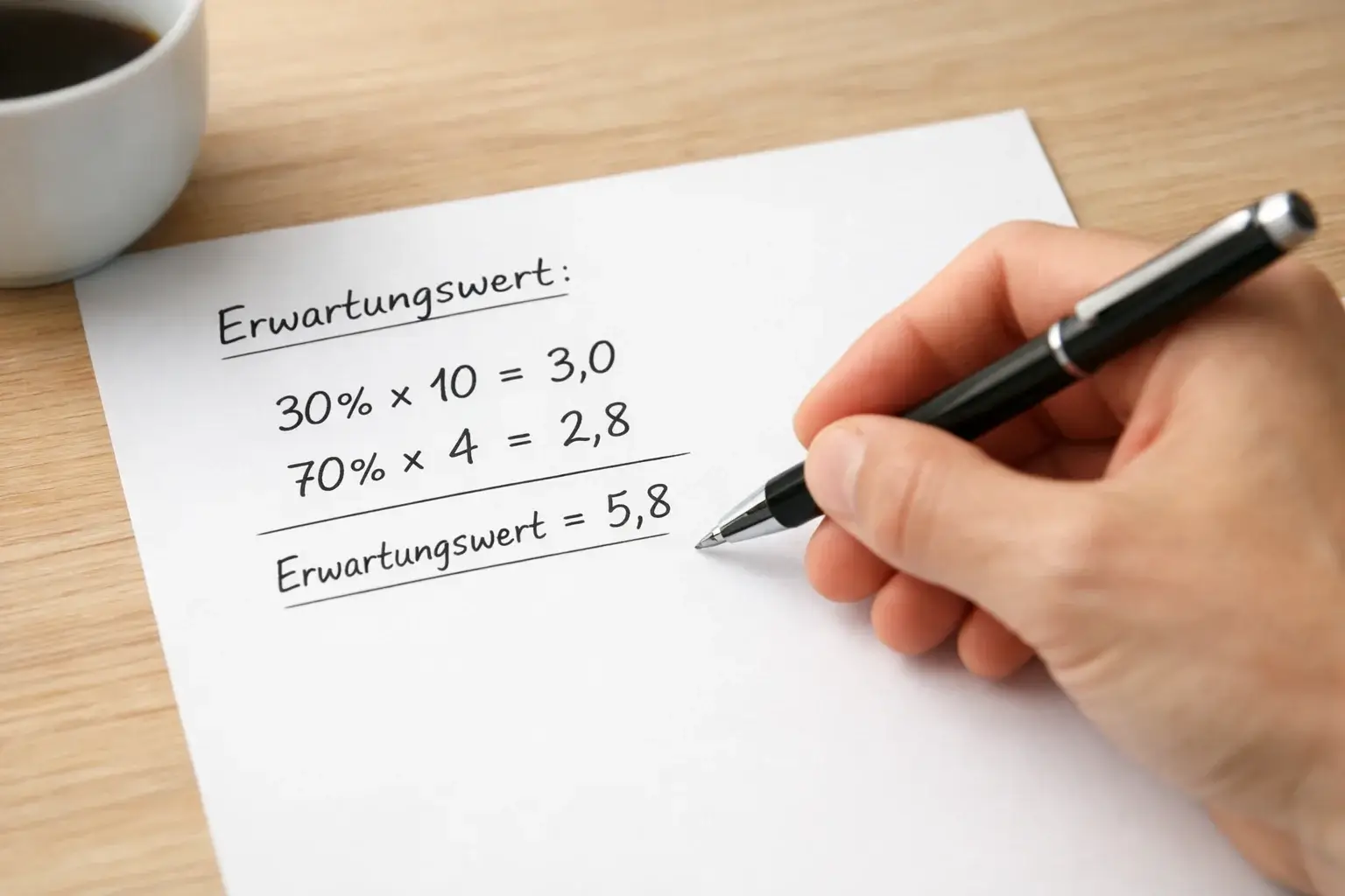 Hand schreibt mathematische Formeln und Berechnungen auf ein weißes Blatt Papier