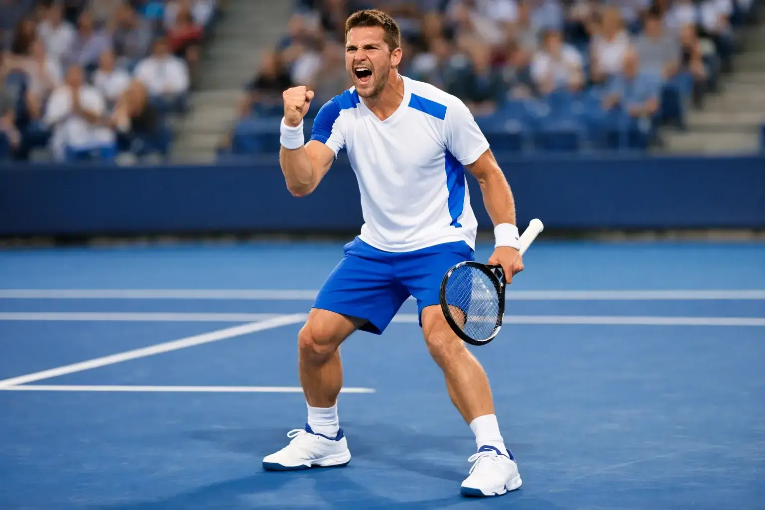 Tennisspieler ballt die Faust nach einem gewonnenen Punkt beim Comeback im Match