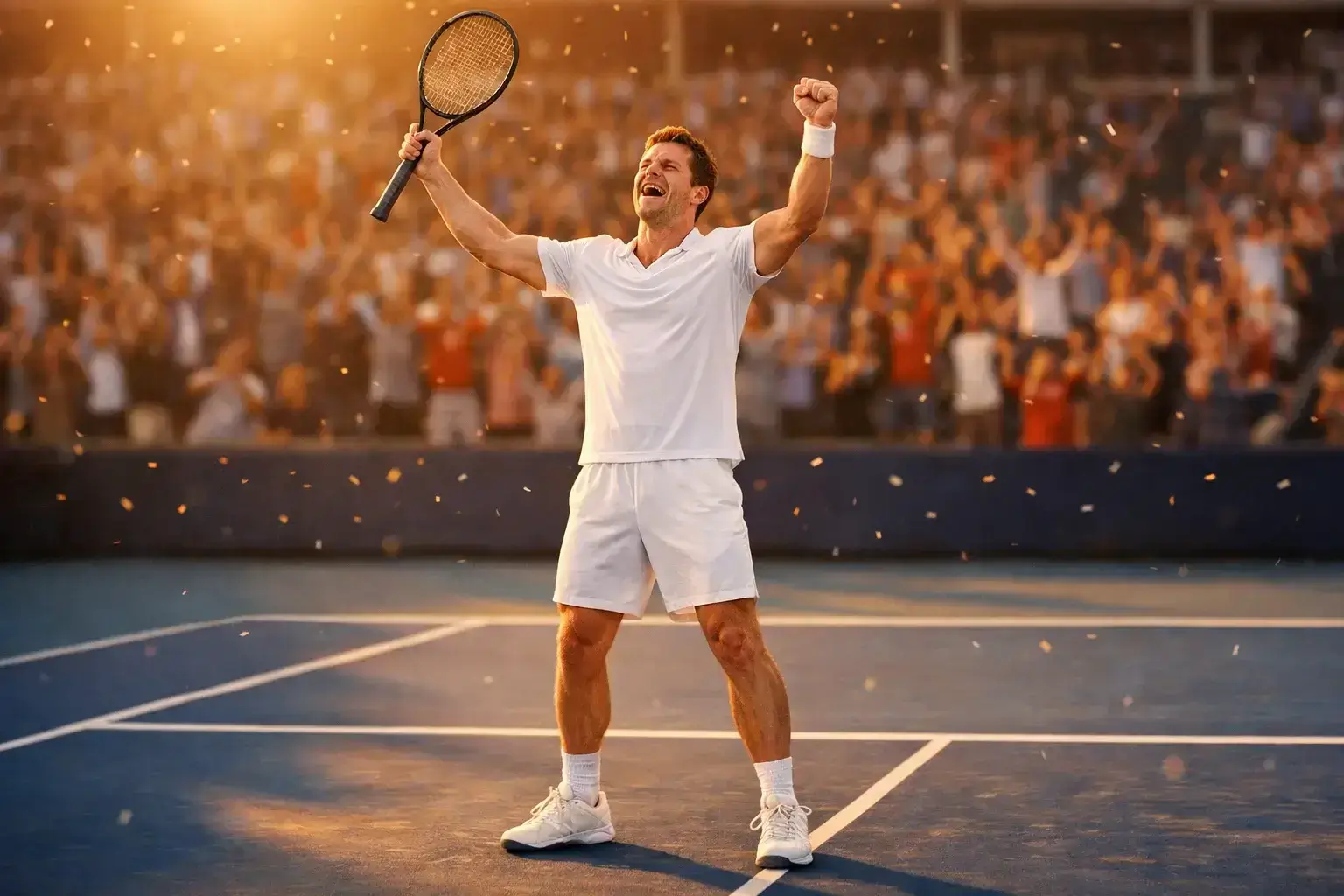 Tennisspieler feiert einen dominanten Sieg mit erhobenen Armen im Stadion