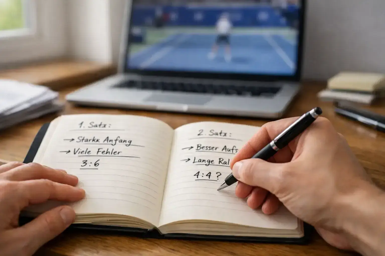 Person macht Notizen in einem Notizbuch während der Analyse eines Tennismatches
