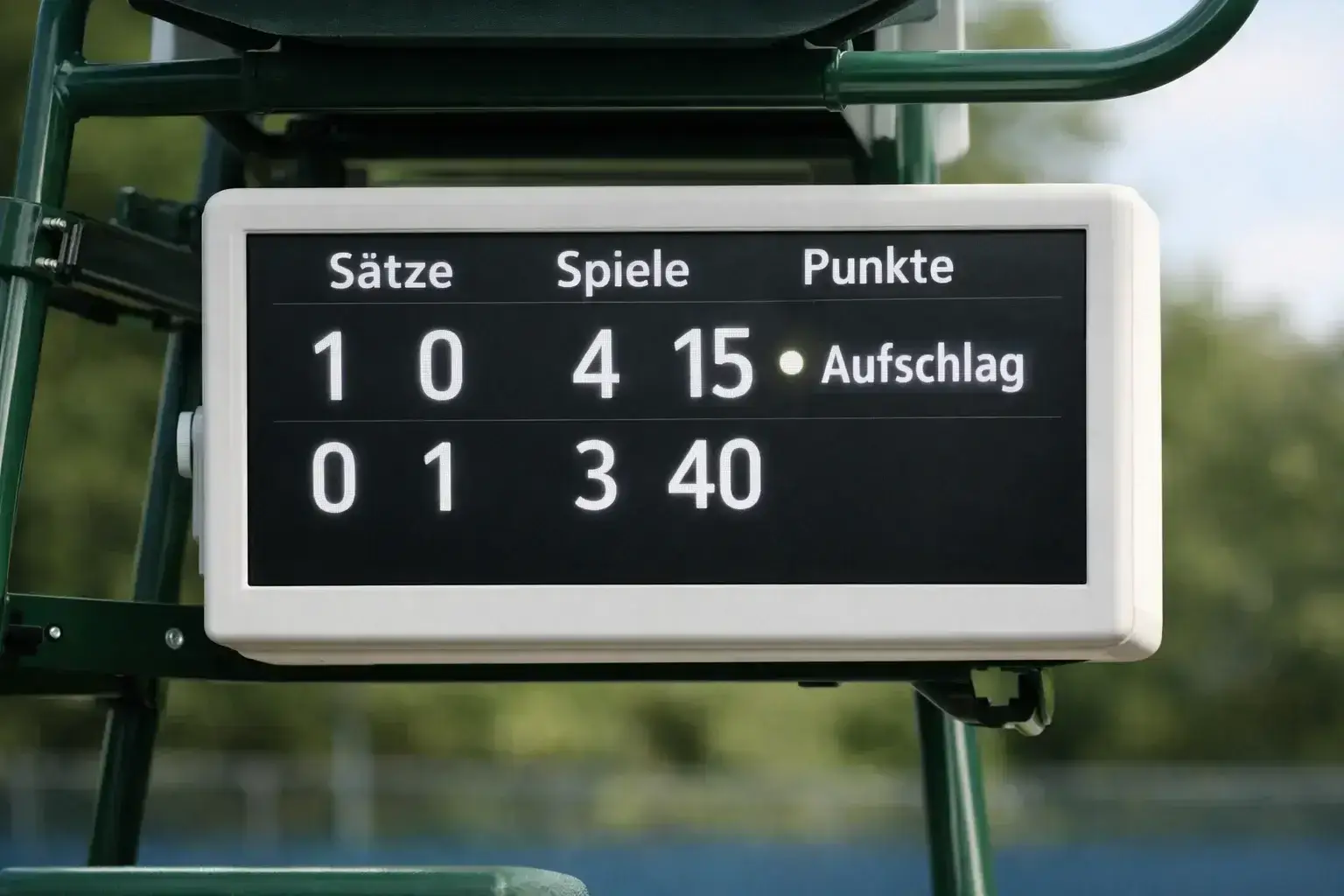Nahaufnahme einer Tennis-Spielstandsanzeige mit detailliertem Game-Score