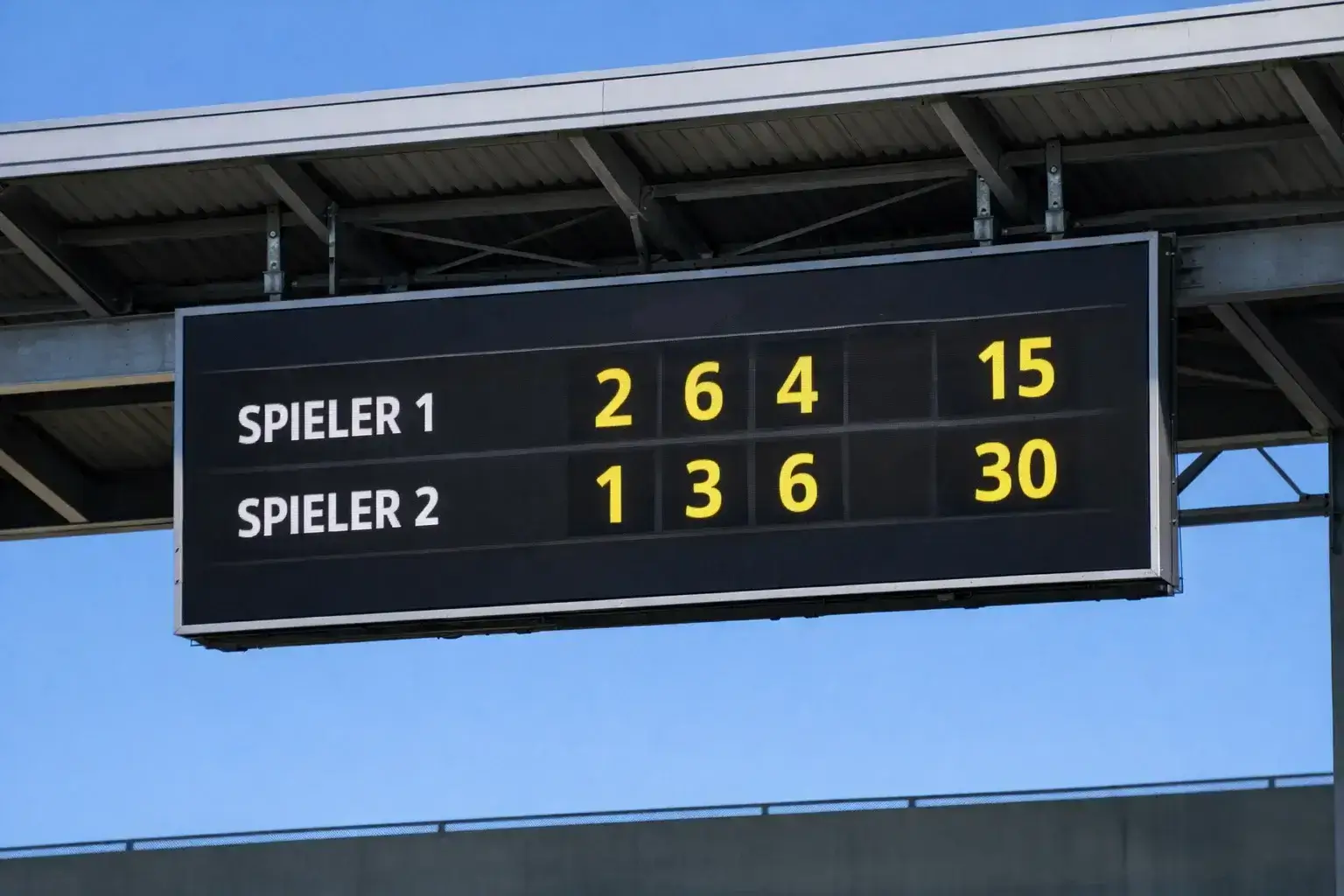 Anzeigetafel mit Tennis-Spielstand und Satzübersicht während eines Turniers