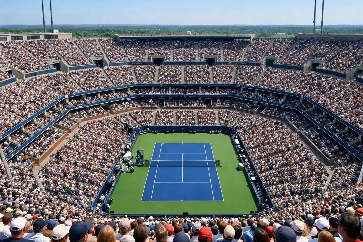 Vollbesetztes Tennis-Stadion während eines Grand-Slam-Finales bei Tageslicht