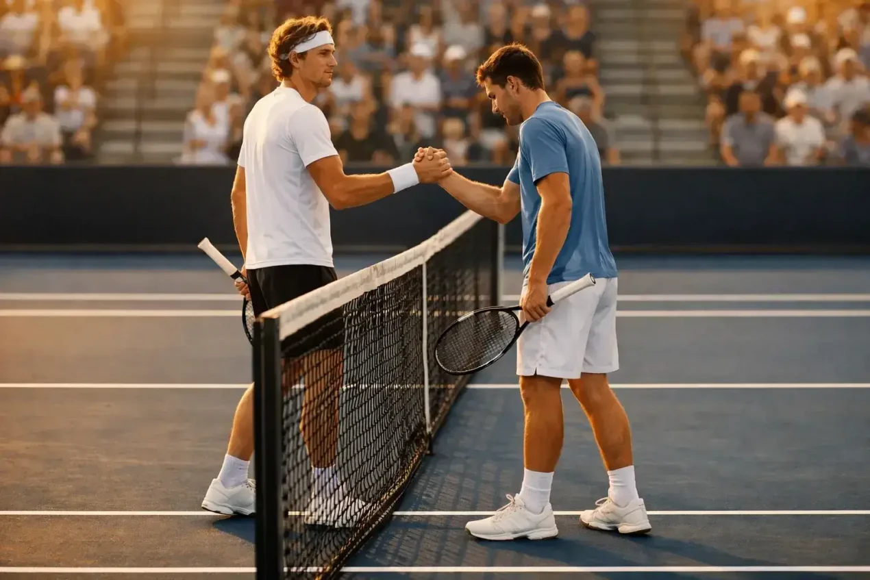 Zwei Tennisspieler am Netz beim Handshake nach einem engen Match auf Hartplatz