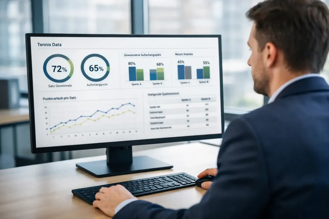 Person analysiert Tennis-Wettquoten auf einem Desktop-Bildschirm mit übersichtlicher Darstellung