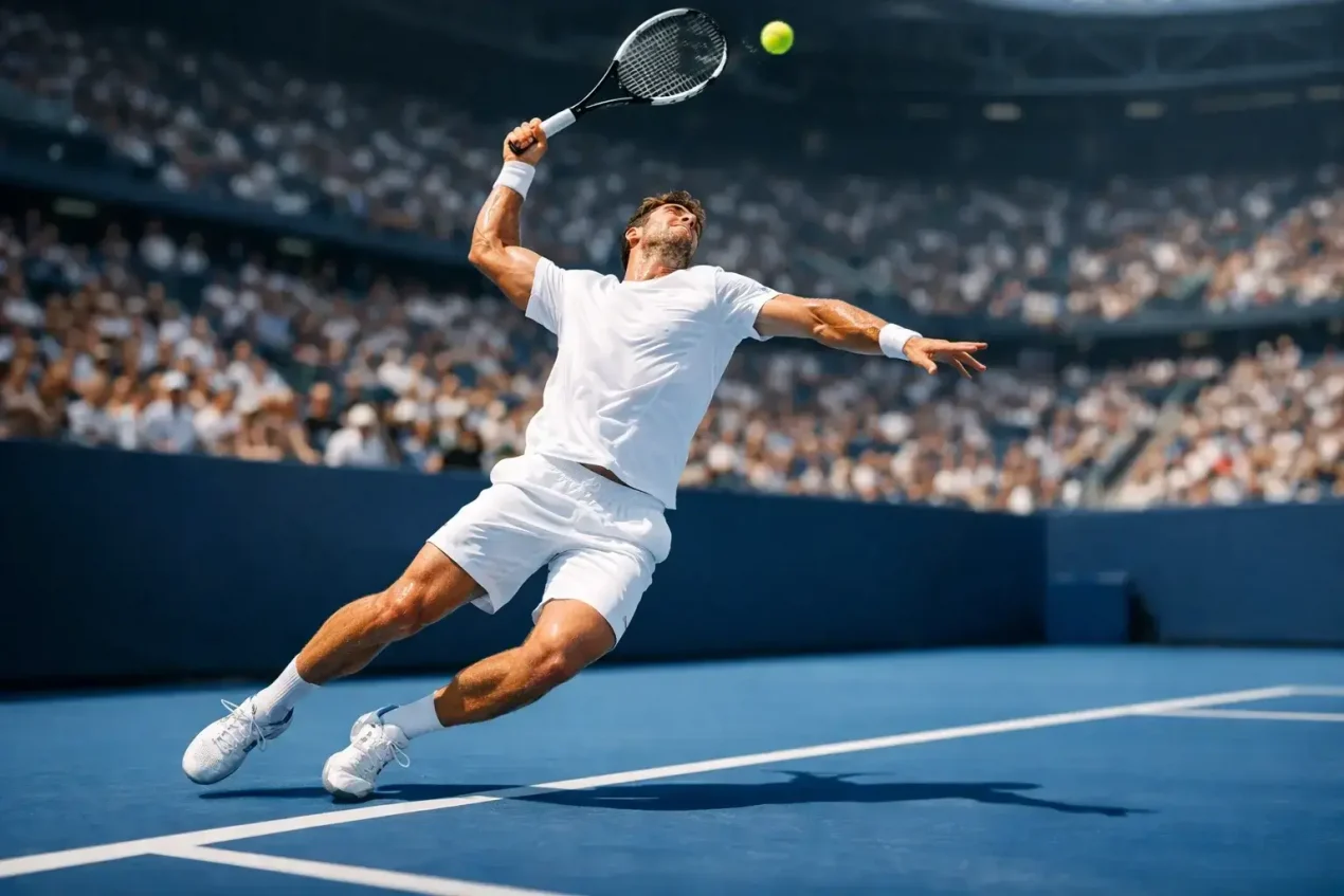 Tennisspieler beim kraftvollen Aufschlag während eines Live-Matches im Stadion