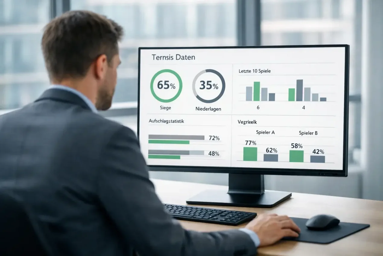 Analytiker studiert Tennis-Daten und Statistiken auf modernem Computerbildschirm