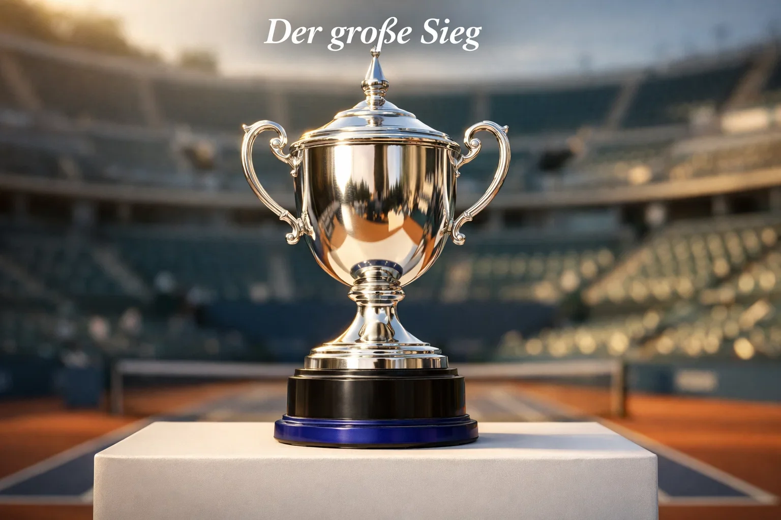 Tennispokal auf einem Podest bei einem professionellen Turnier im Sonnenlicht