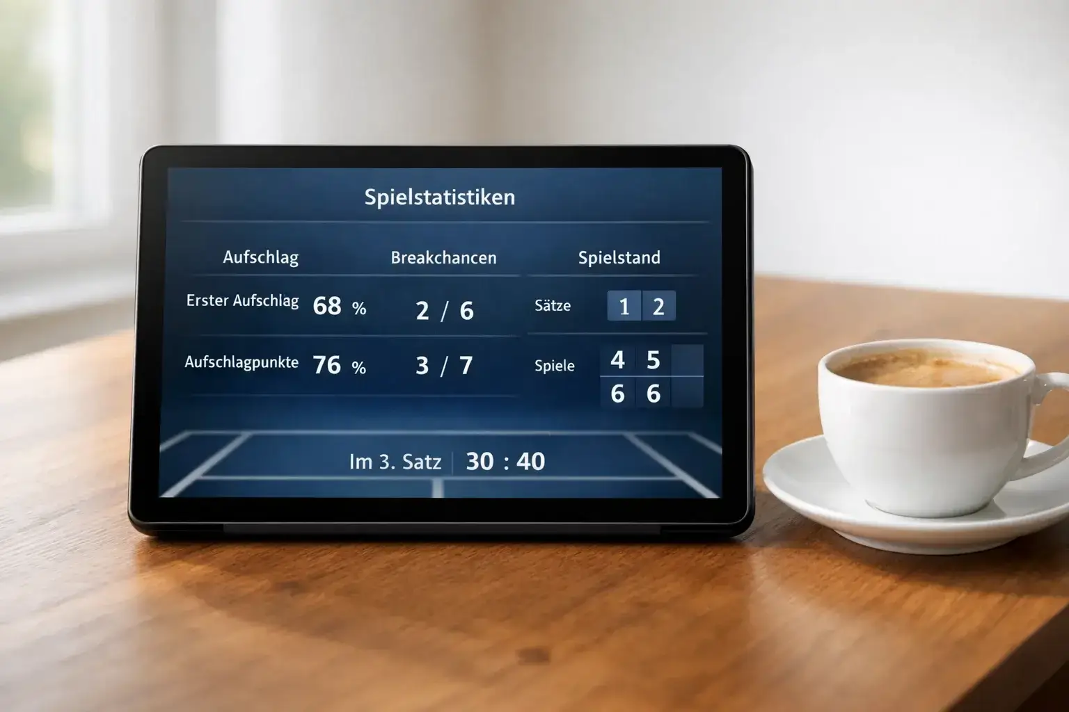 Übersichtliche Tennis-Statistiken und Leistungsdaten auf einem modernen Tablet-Bildschirm