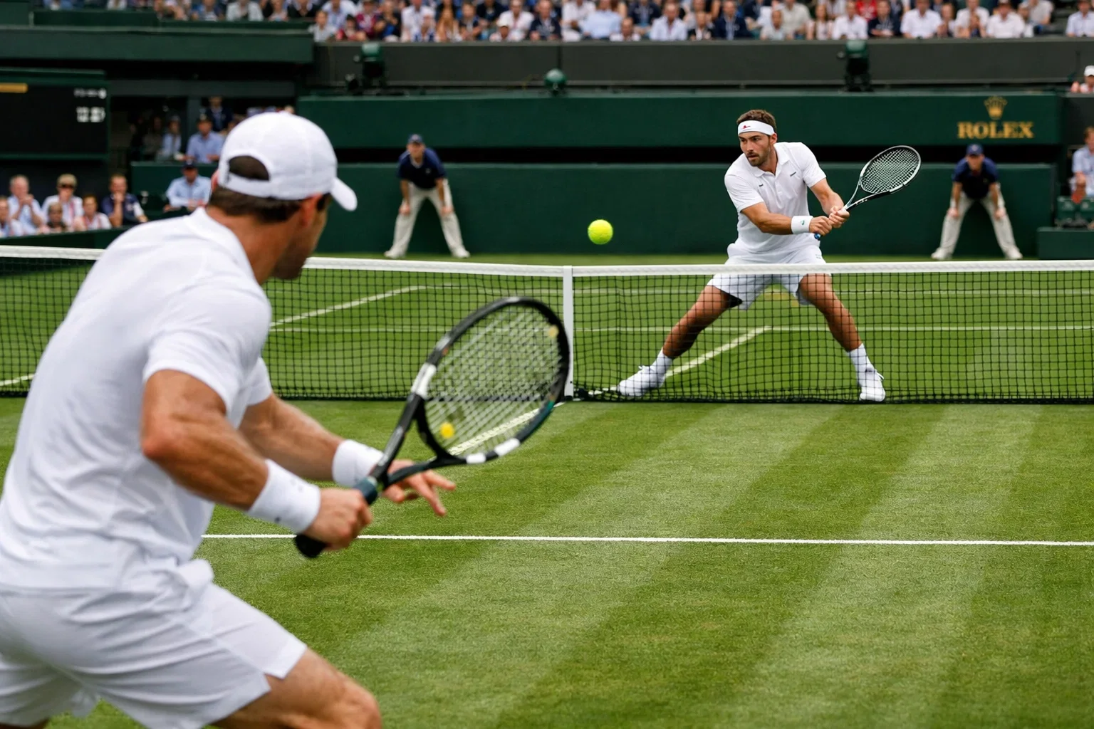 Intensiver Ballwechsel zwischen zwei Tennisspielern auf einem Rasenplatz