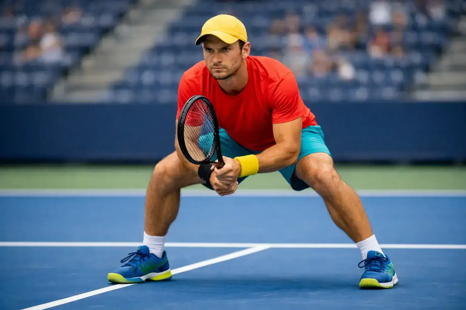 Entschlossener Tennisspieler in Kampfposition beim Return auf dem Tennisplatz