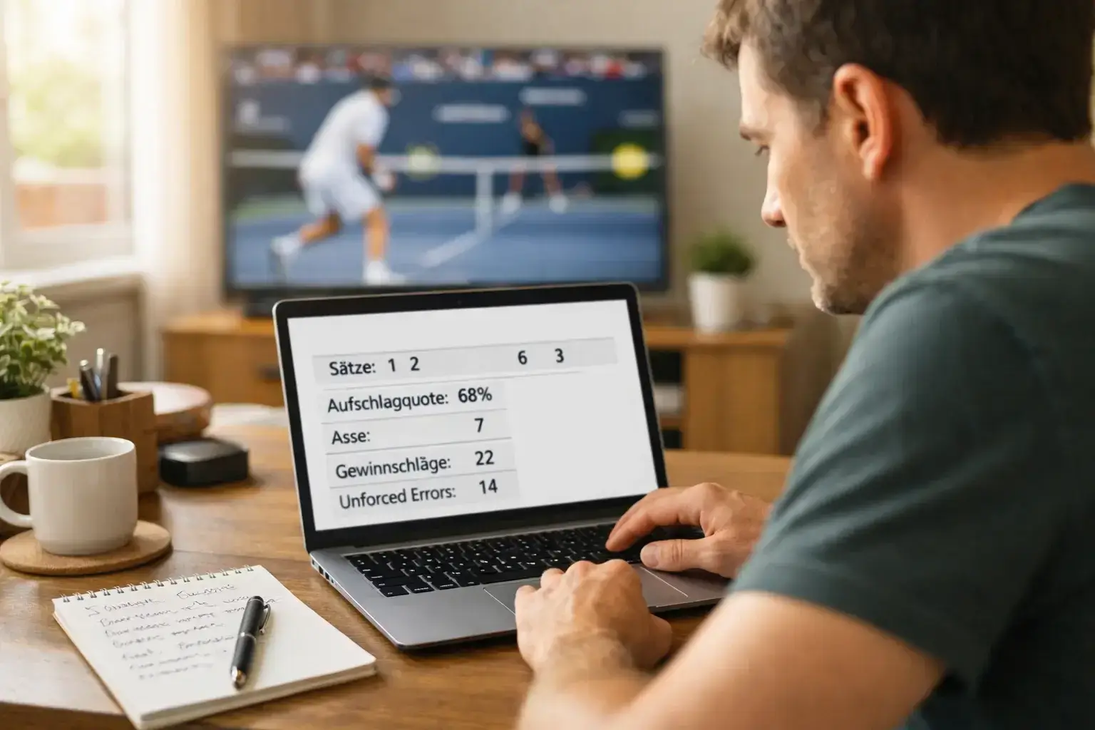 Person analysiert Tennis-Statistiken auf einem Laptop vor dem Fernseher mit Tennisübertragung