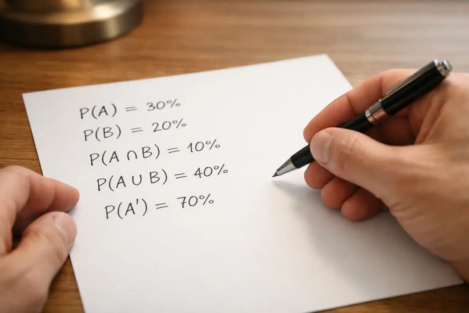 Nahaufnahme von Händen die mit Stift Wahrscheinlichkeiten in einem Notizbuch berechnen
