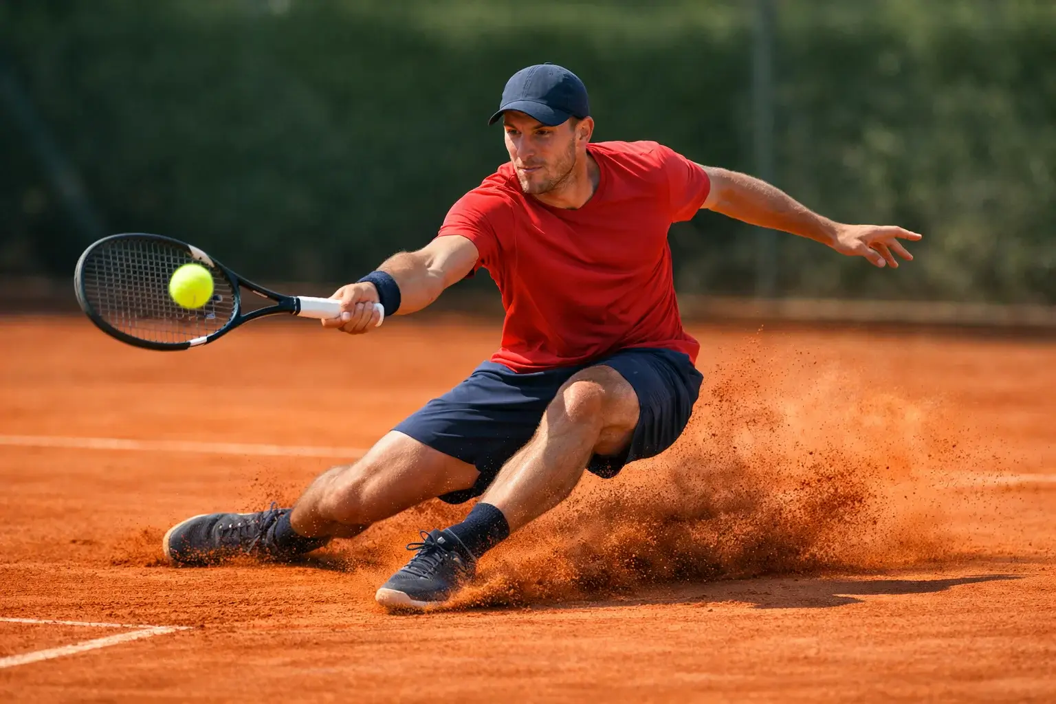Tennisspieler gleitet auf rotem Sandplatz während eines kraftvollen Grundlinienschlags