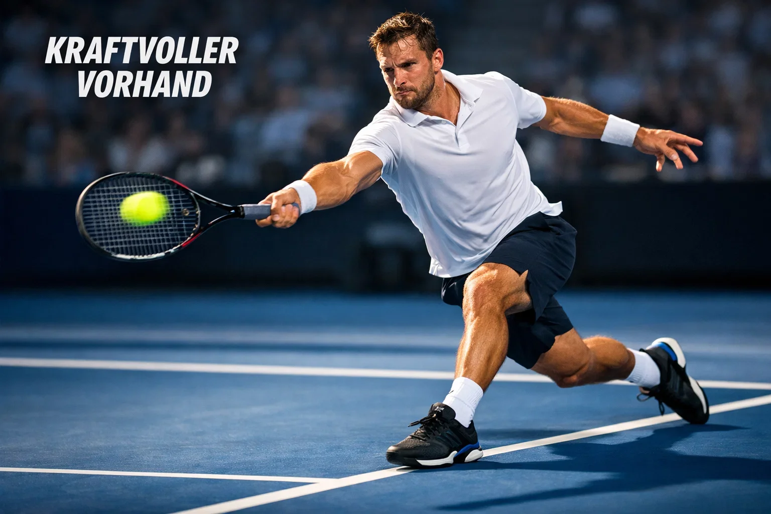 Tennisspieler schlägt kraftvoll auf einem Hartplatz während eines professionellen Matches