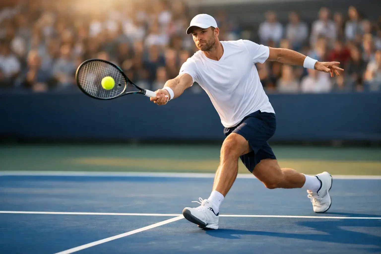 Tennisspieler in siegreicher Pose nach Match-Gewinn auf dem Tennisplatz