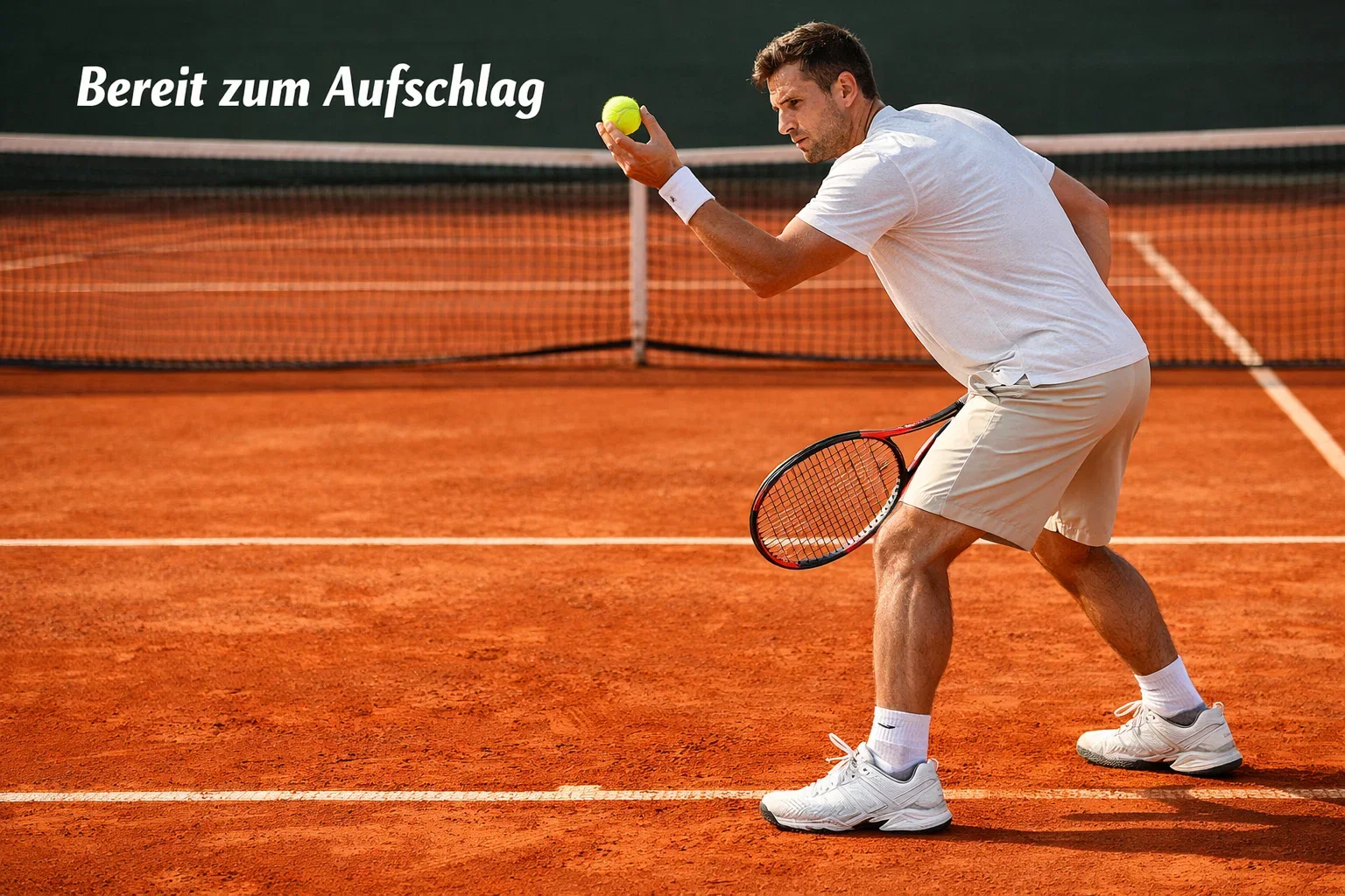 Tennisspieler konzentriert sich vor dem Aufschlag auf einem professionellen Sandplatz