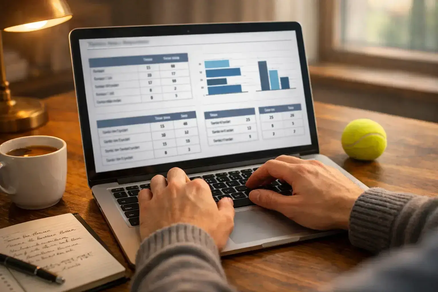 Person analysiert Tennisstatistiken und Spielerdaten auf Laptop