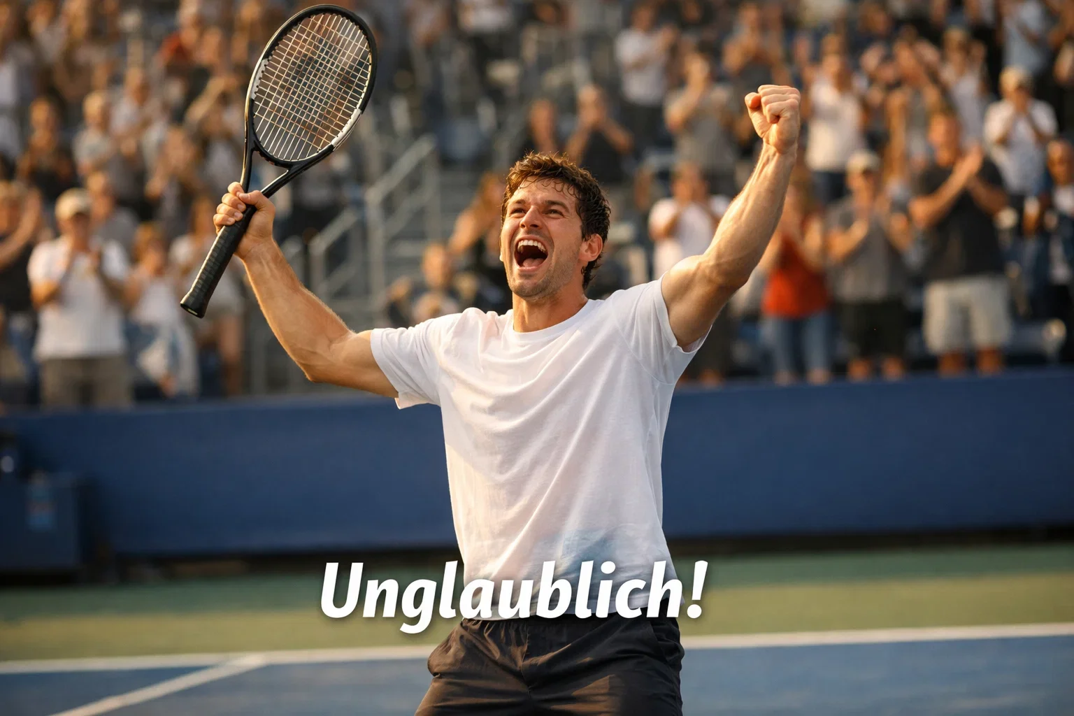Junger Tennisspieler jubelt überraschend nach Sieg auf einem großen Turniercourt