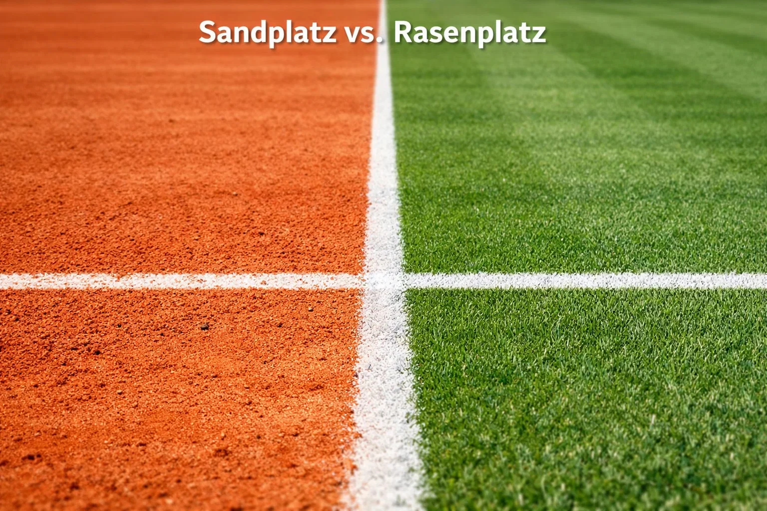 Geteilte Ansicht eines Tennisplatzes mit rotem Sand und grünem Rasen