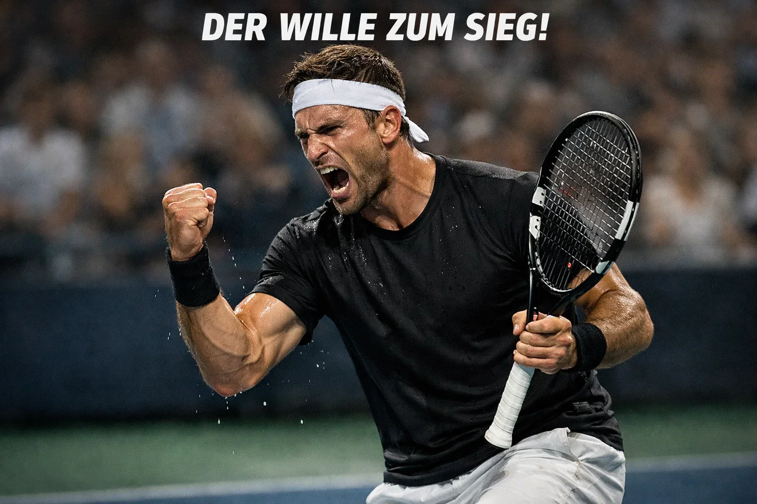 Tennisspieler ballt entschlossen die Faust nach gewonnenem Punkt während eines Comebacks
