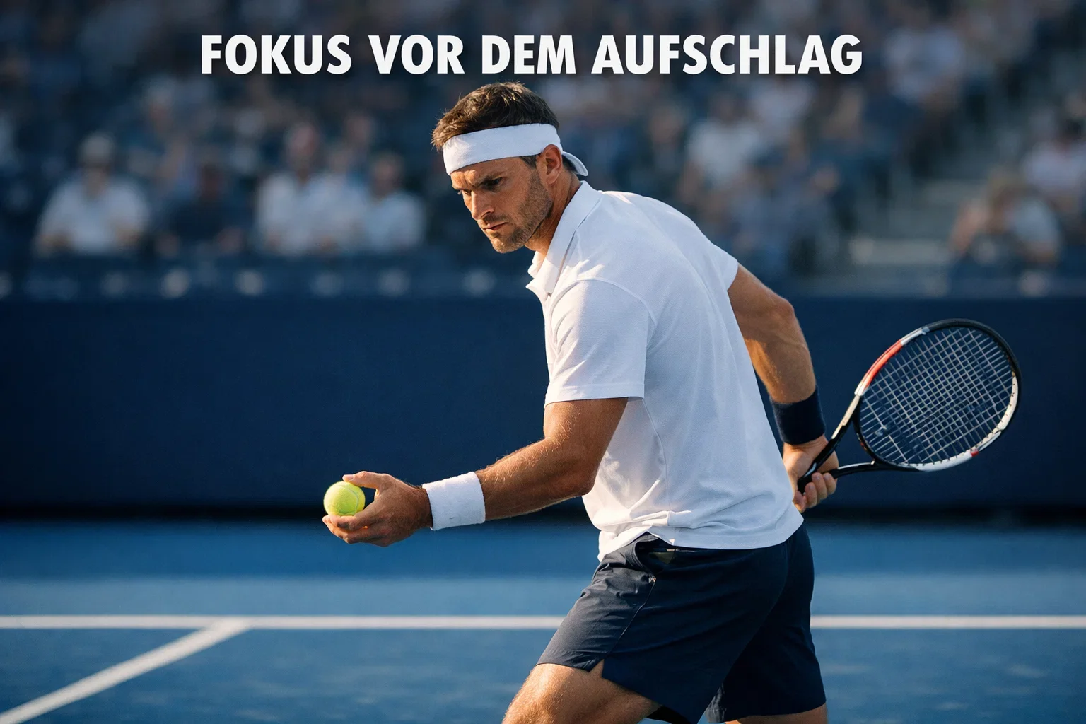 Tennisspieler in konzentrierter Haltung vor dem Aufschlag auf einem Hartplatz