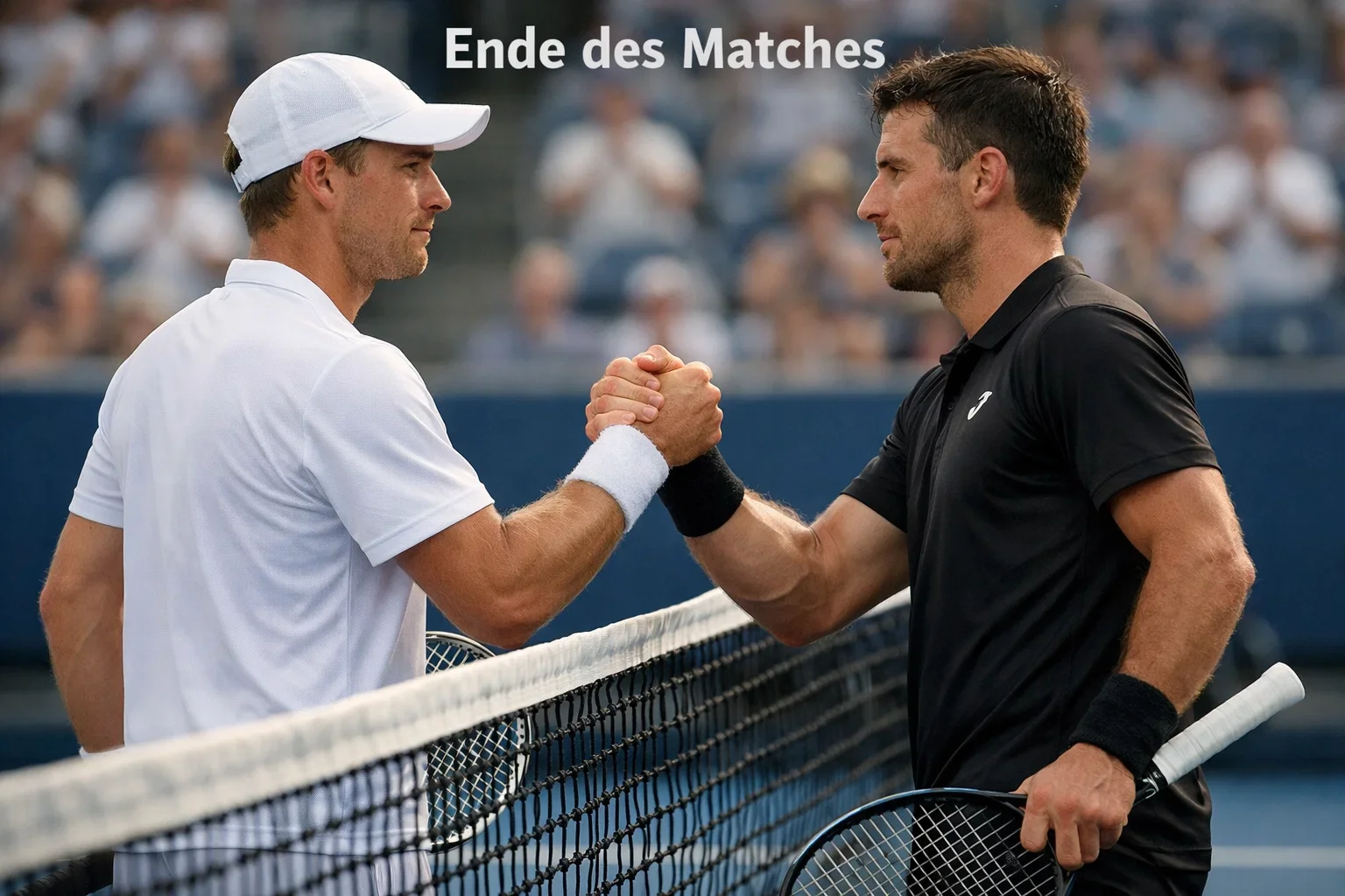 Zwei Tennisspieler am Netz beim Händeschütteln nach einem Match