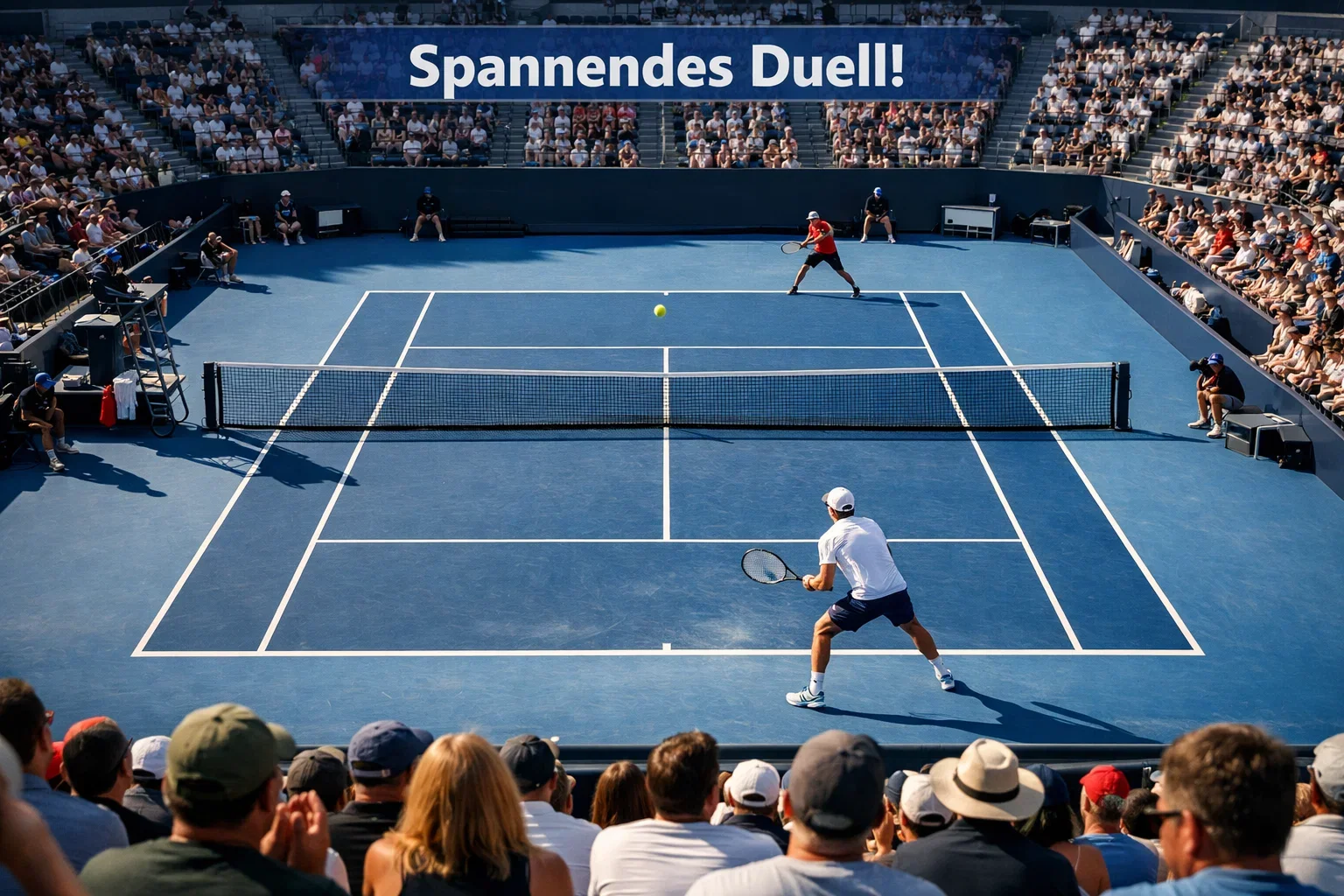 Spannendes Tennismatch aus der Zuschauerperspektive mit Spielern auf dem Hartplatz