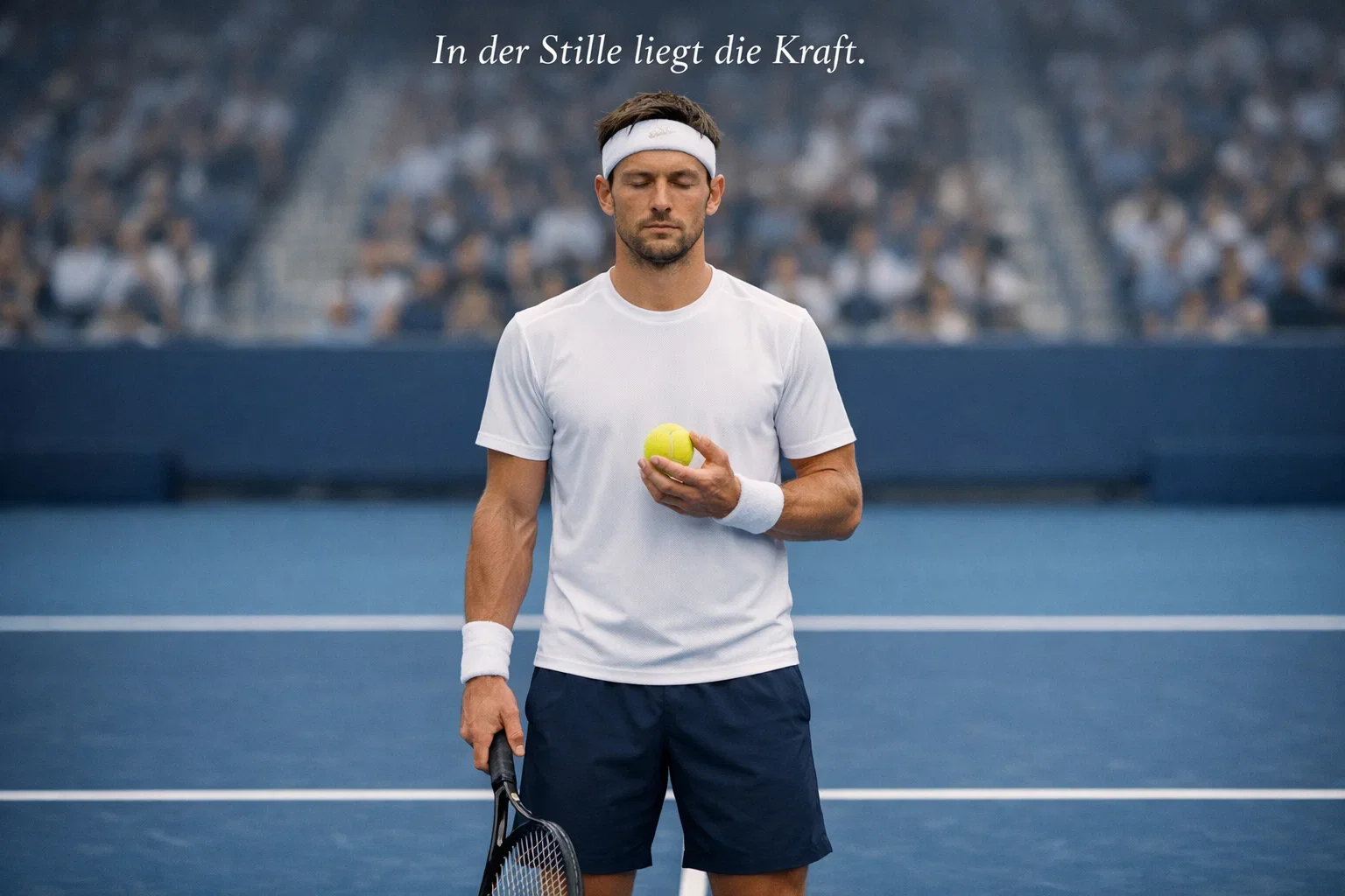 Tennisspieler mit geschlossenen Augen in konzentrierter Meditation vor dem Aufschlag