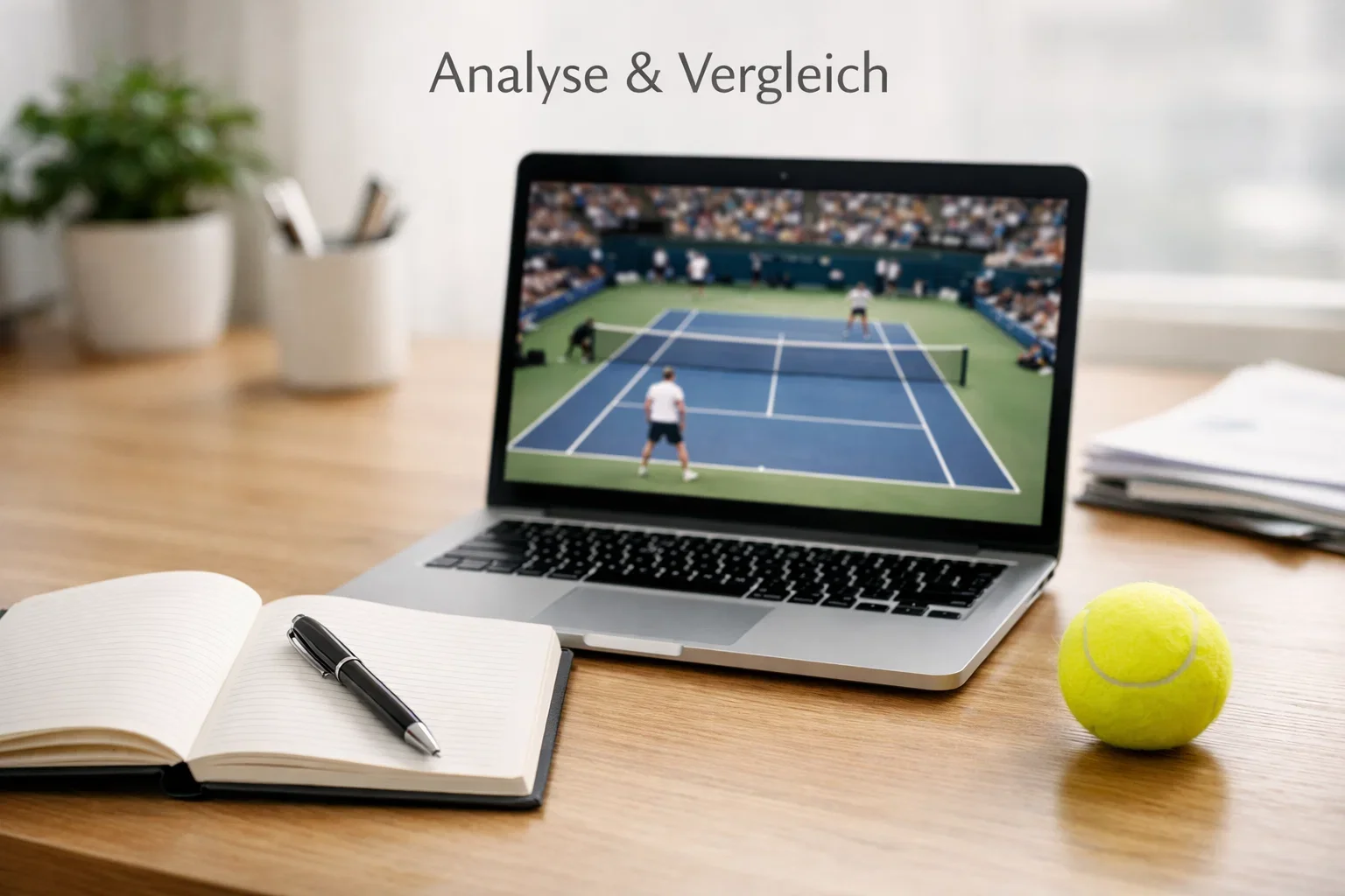Laptop mit Tennismatch-Übertragung neben Notizbuch auf einem Schreibtisch