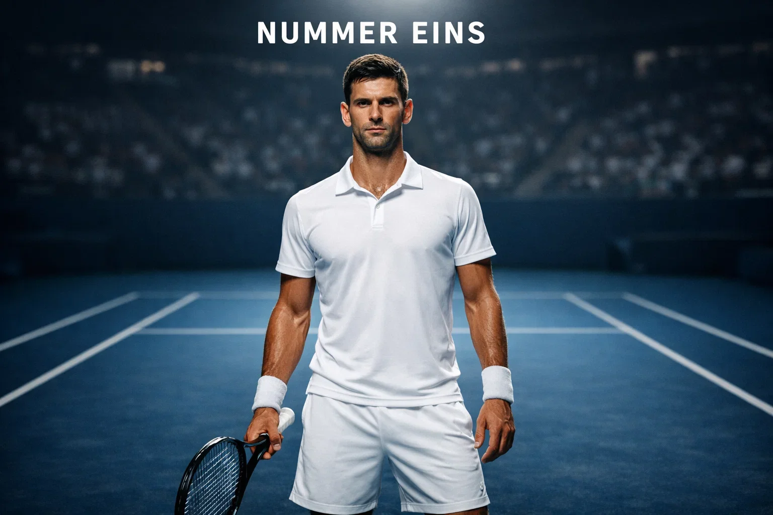 Tennisspieler steht selbstbewusst auf dem Court mit Nummer eins symbolisch im Hintergrund