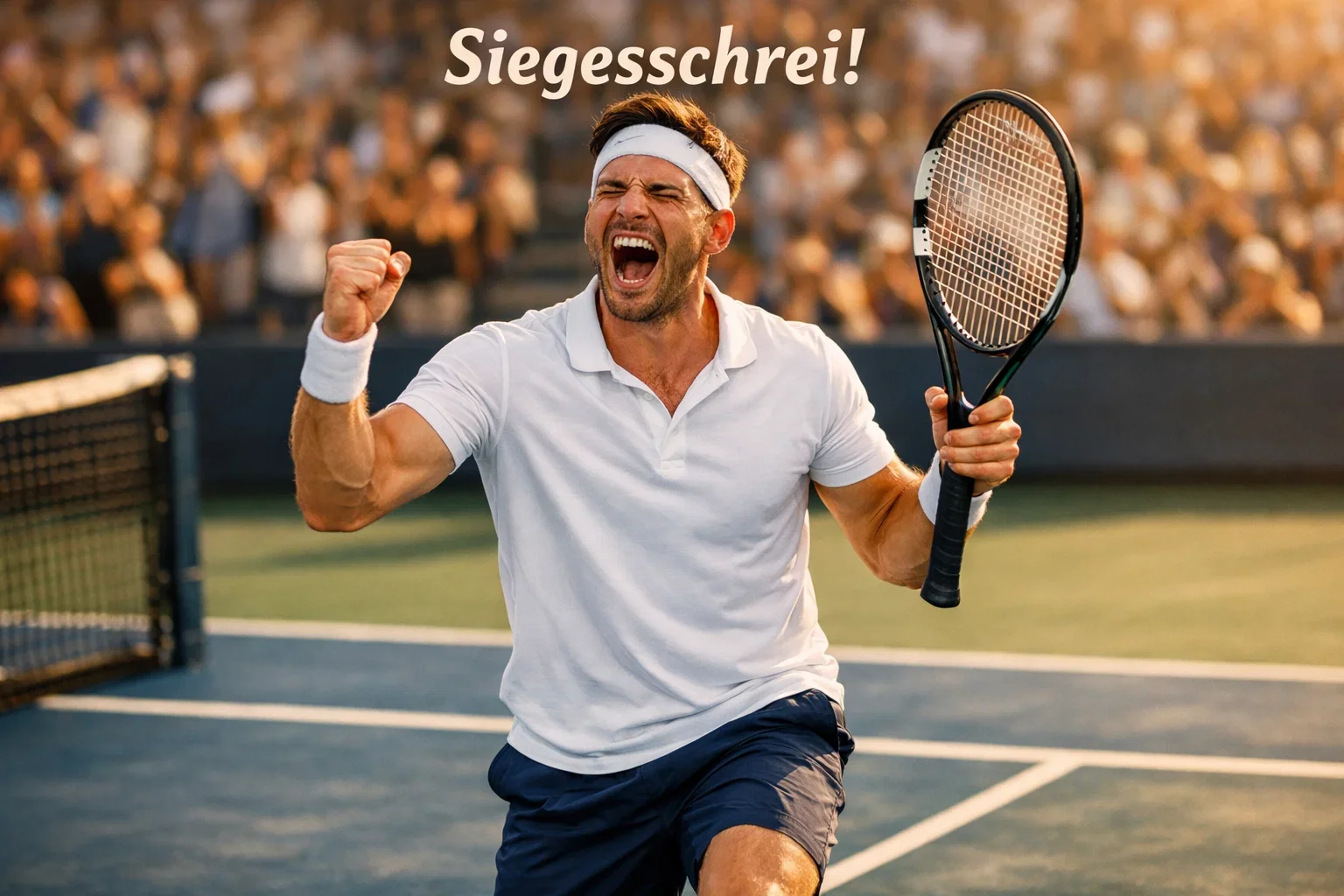 Tennisspieler feiert einen Satzgewinn auf einem professionellen Turniercourt