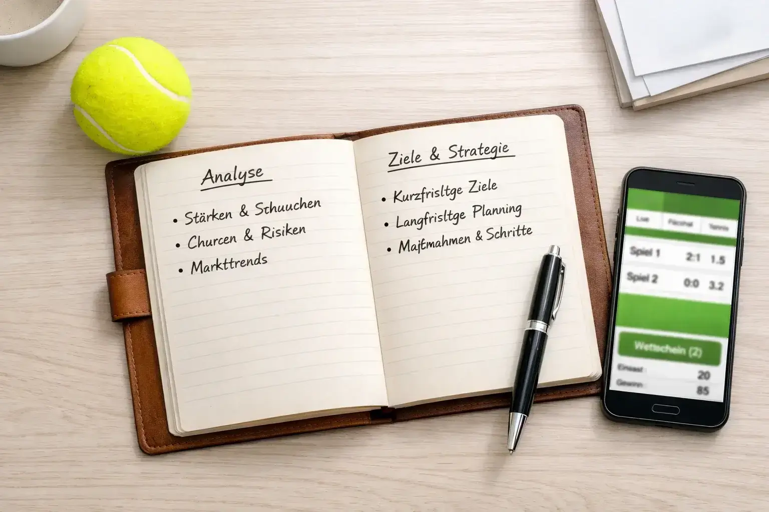 Notizblock mit Wettanalyse und Stift neben Tennisball