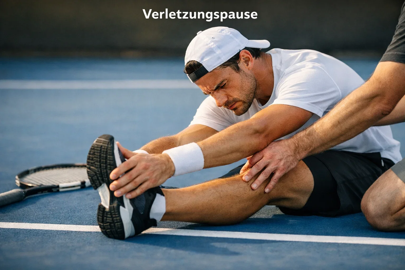 Tennisspieler dehnt sein Bein auf dem Hartplatz während einer medizinischen Pause