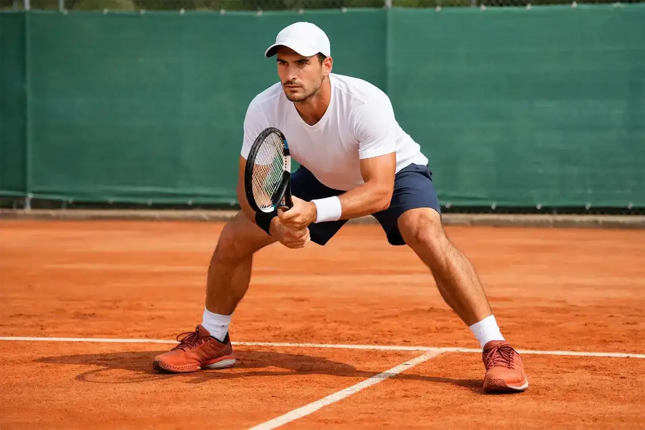 Sportler mit Tennisschläger auf Sandplatz während eines Matches