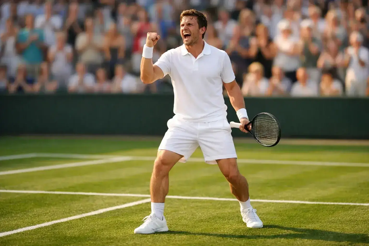 Tennisspieler feiert Punkt mit geballter Faust auf Rasenplatz