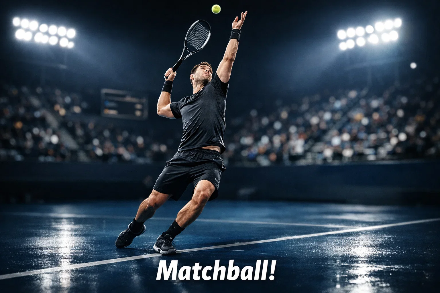 Tennisspieler in angespannter Tiebreak-Situation serviert auf einem Hartplatz bei Flutlicht