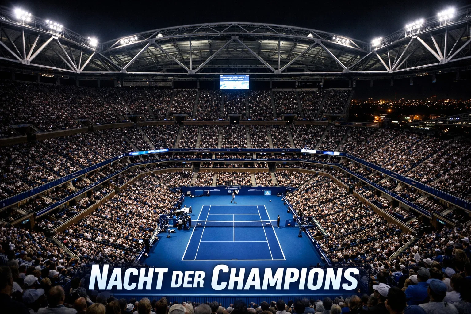 Arthur Ashe Stadium bei den US Open unter Flutlicht mit blauem Hartplatz