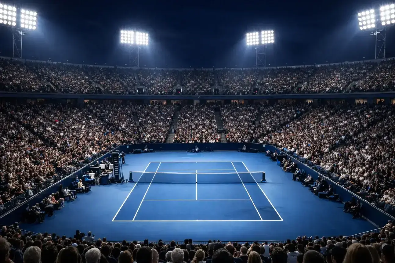 Arthur Ashe Stadium in New York bei einer abendlichen Flutlicht-Session