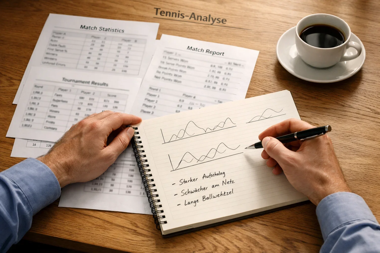 Person analysiert Tennisstatistiken und Notizen auf einem Schreibtisch mit Stift und Notizbuch