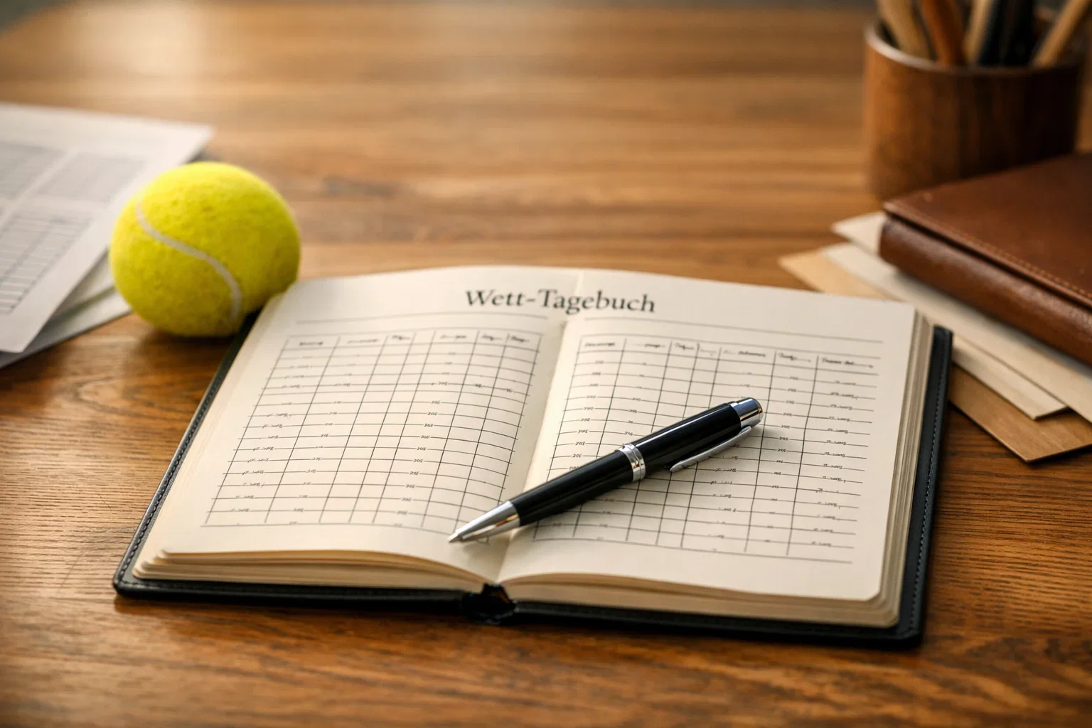 Offenes Notizbuch mit handschriftlichen Aufzeichnungen und Tennisball auf einem Schreibtisch