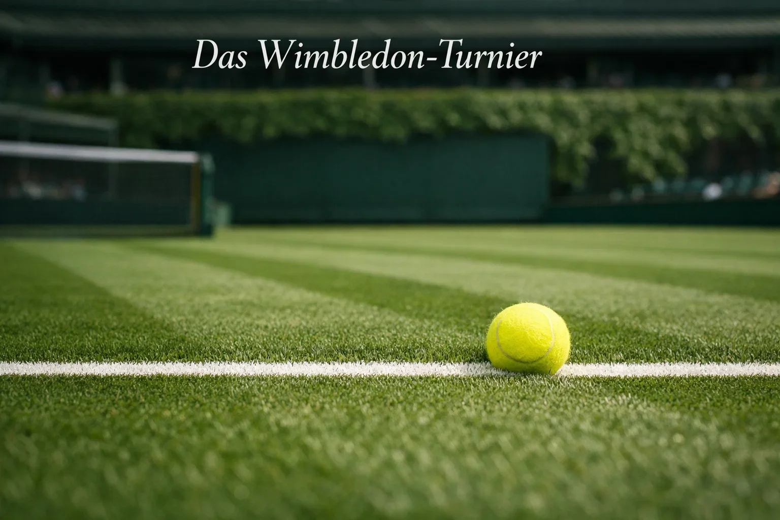 Grüner Rasenplatz von Wimbledon mit weißen Linien und Tennisball im Fokus